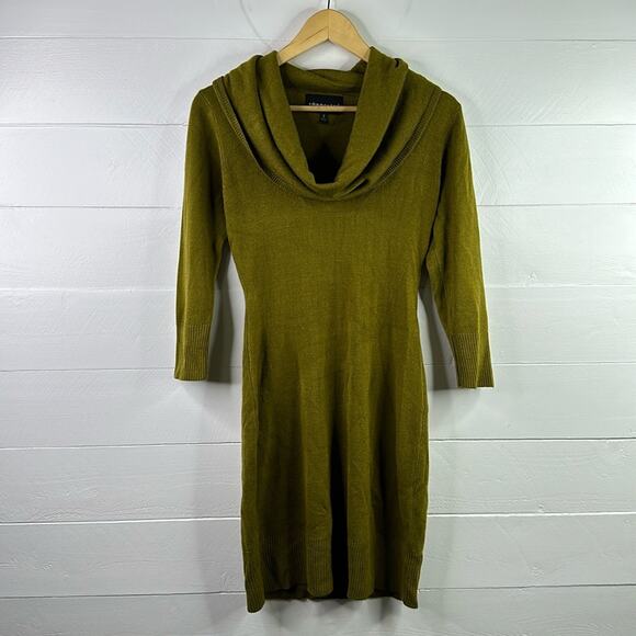CONNECTED APPAREL Moss Green Wide Cowl Neck 3/4 Sleeve Knee‎ Length Dress Size S - Picture 1 of 8